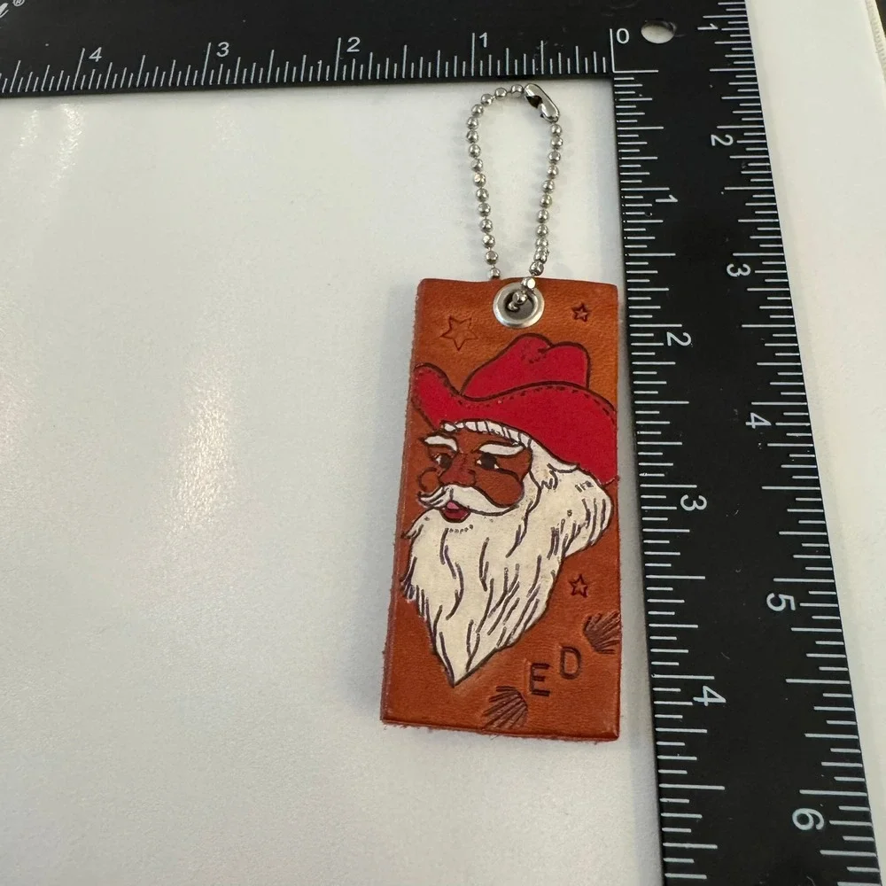Hand Painted Leather Cowboy Santa Claus Keychain Unique Western Holiday Charm‎